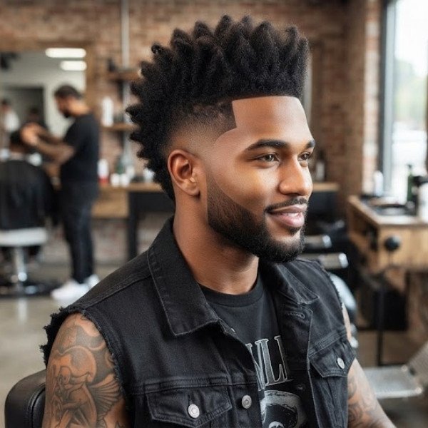 Burst Fade Mohawk with V-Cut Neckline