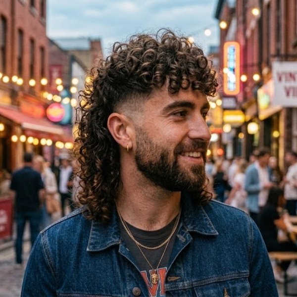 Curly Burst Fade Mullet
